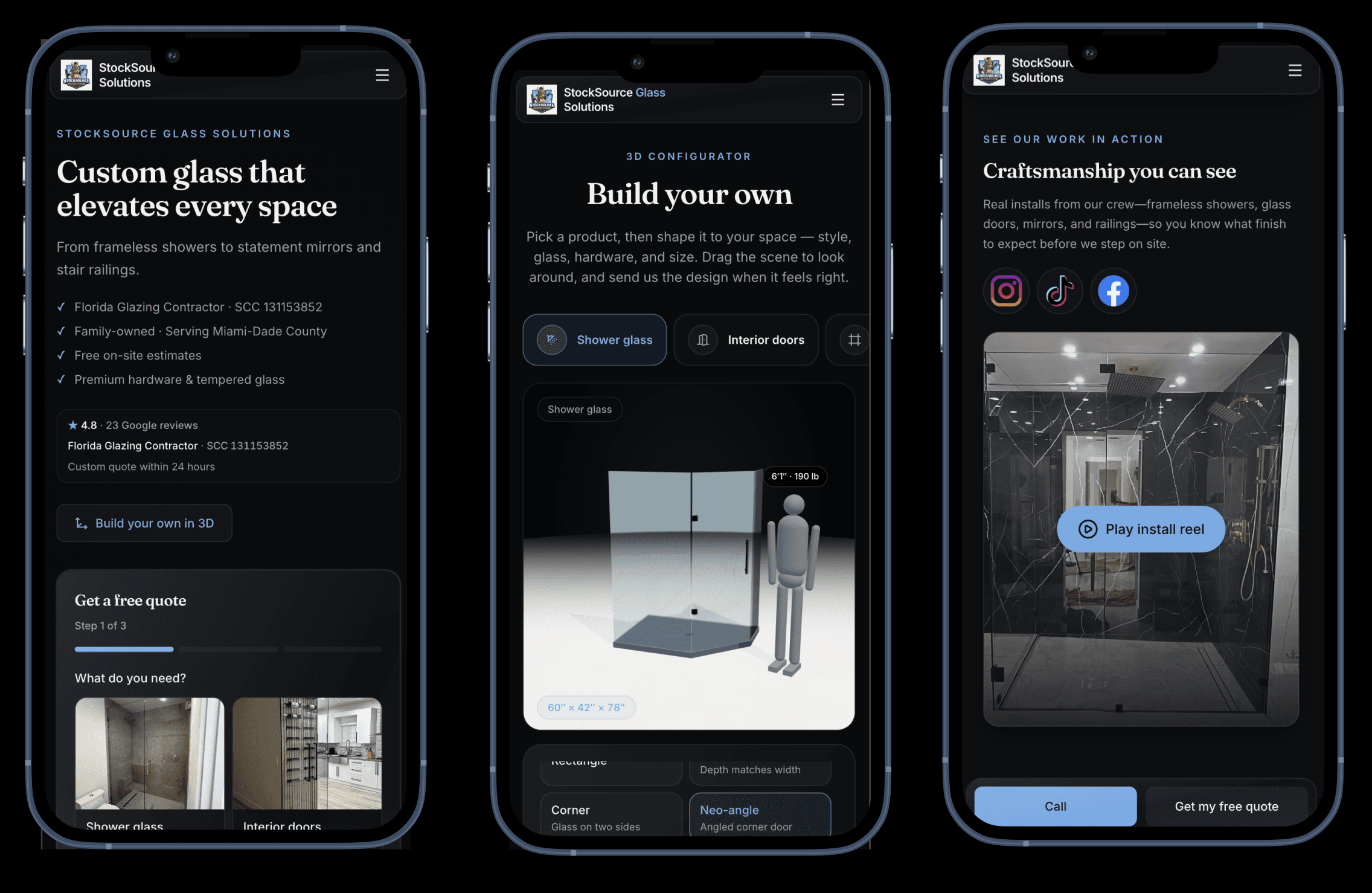 StockSource Glass Solutions — quote funnel, 3D shower configurator, and install showcase