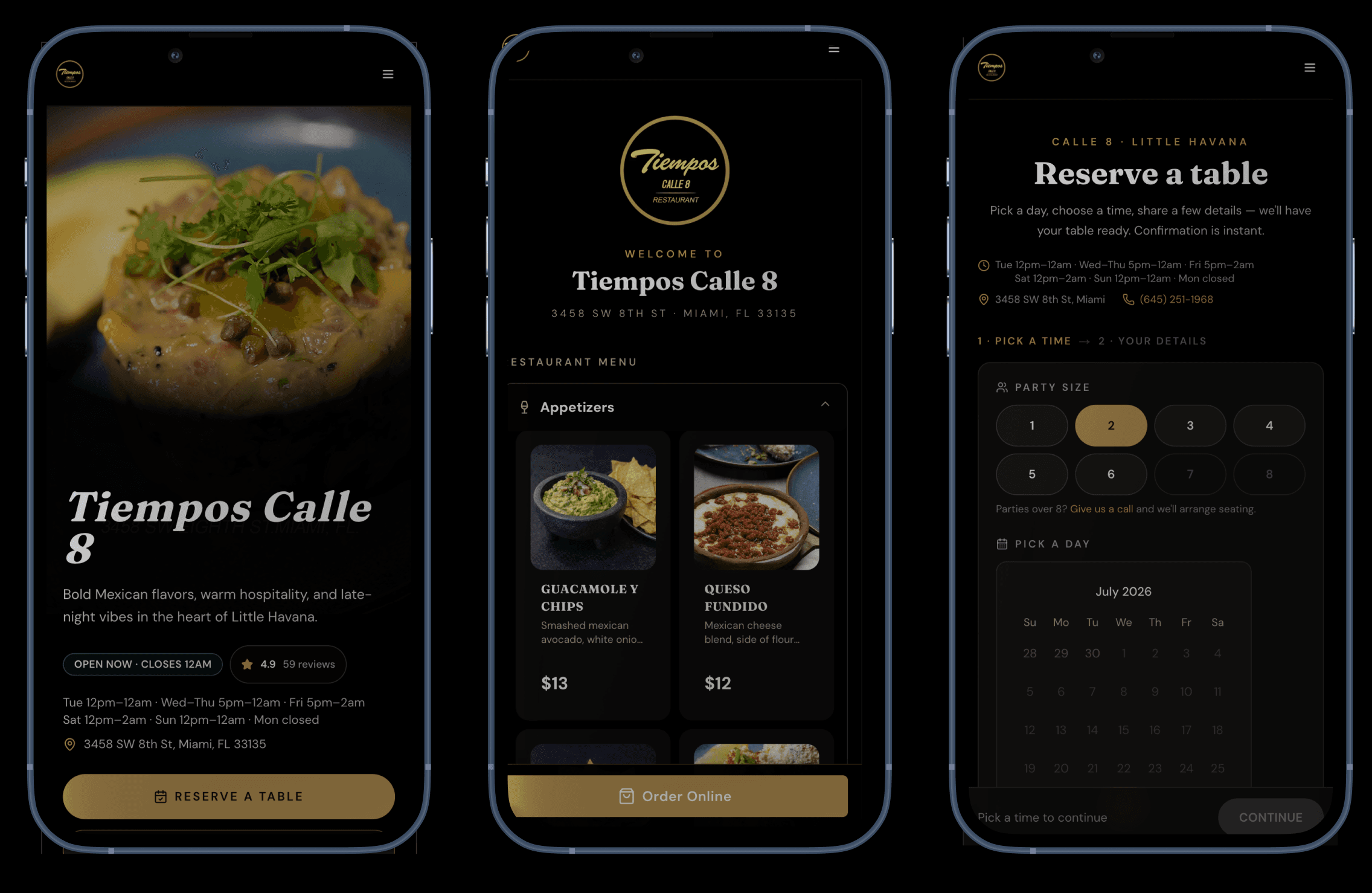 Tiempos Calle 8 — restaurant home, menu with online ordering, and instant table reservations